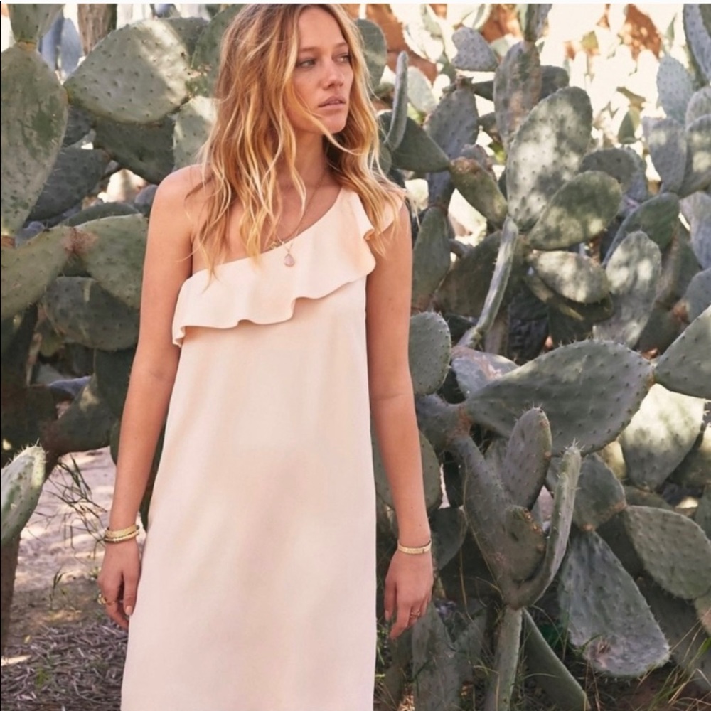 One-Shoulder Ruffle Shift Dress in Blush